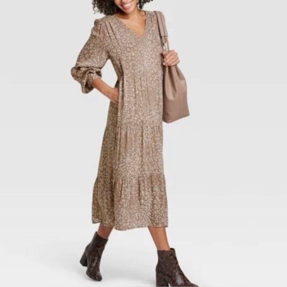 a new day Dresses & Skirts - A New Day Layered Tiered Brown Leopard Print Long Sleeves V Neck Midi Dress Sz M